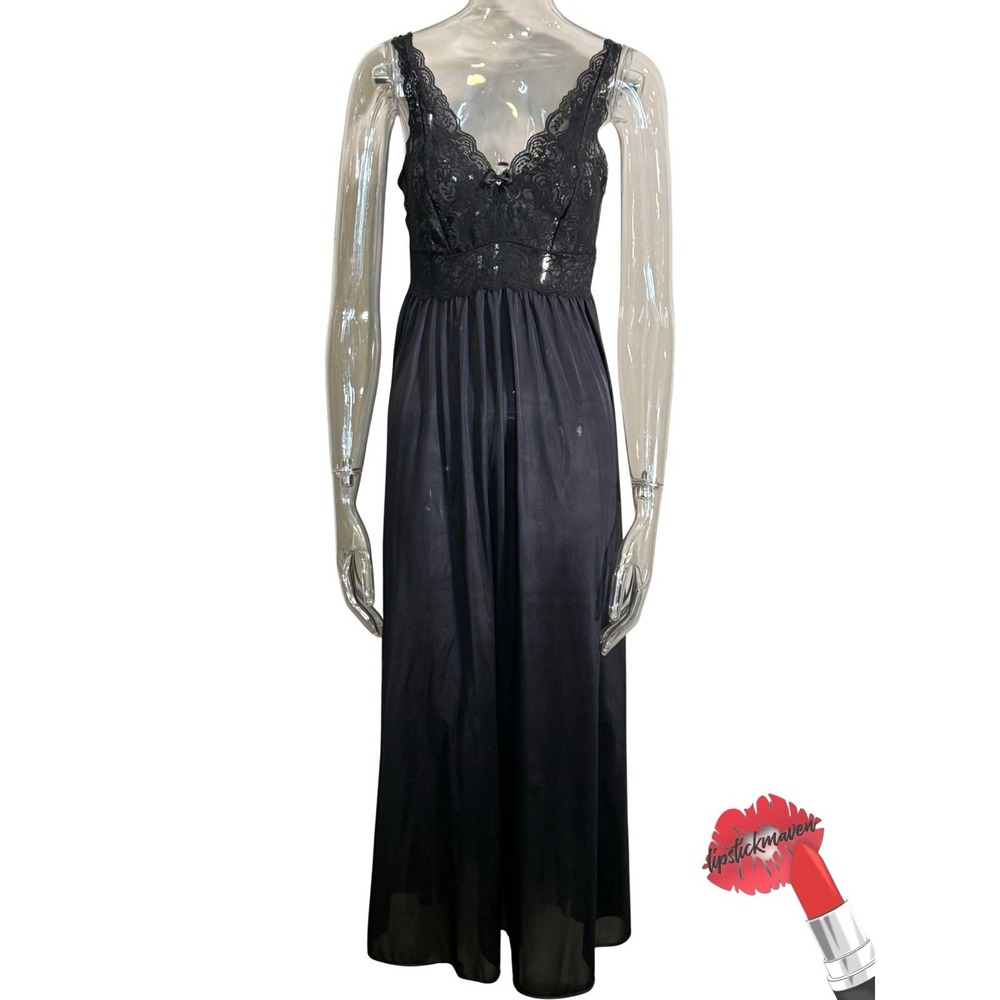 Vintage Shadowline Nightgown Medium Black Nylon Long USA #31737 Lingerie